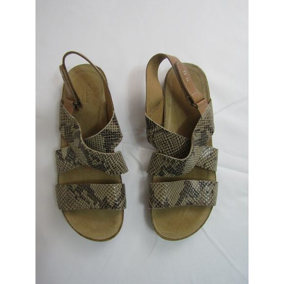 Clarks Brown Snakeprint Strappy Sandals Womens Size 11 Boho Cottagecore Minimal - Picture 1 of 7